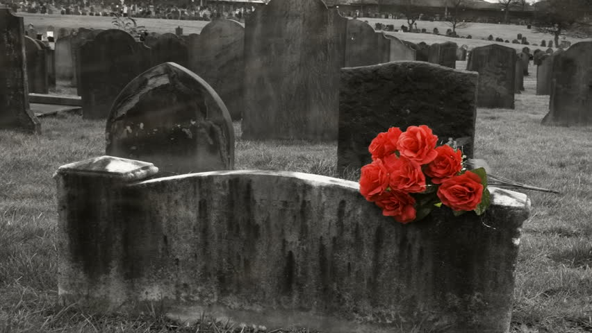 Very slow zoom in on gravestone with a bunch of red roses
