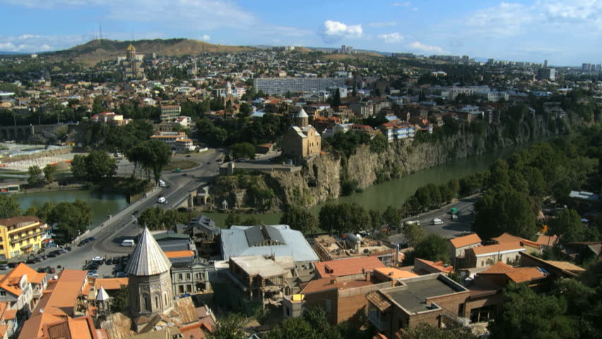 View from Narikala fort towards City of Tbilisi, Mt k vari river and Metechi Bridge.