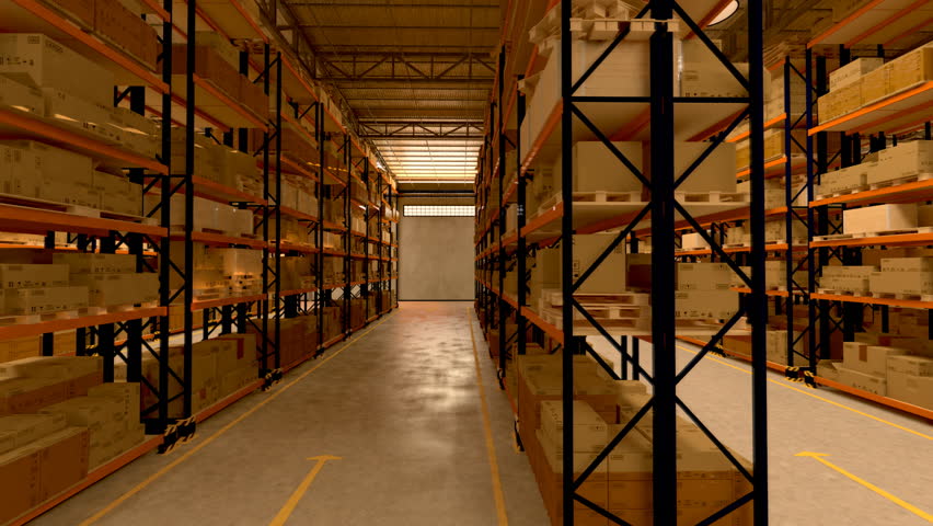 Warehouse interior 3d loopable animation. Camera is moving forward.