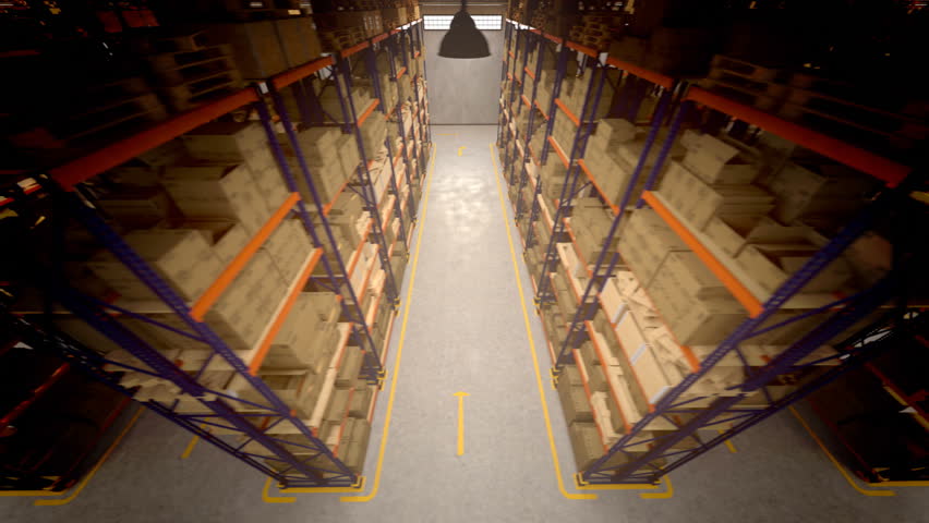 Warehouse interior 3d loopable animation. Camera is moving forward.