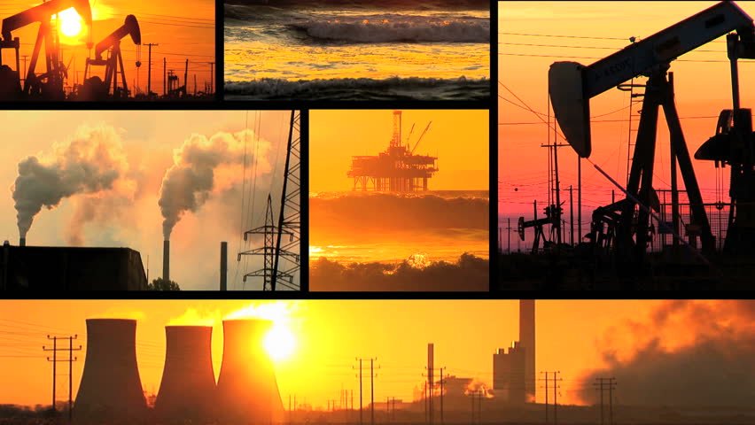 Montage of multiple moving images of fossil fuel energy
