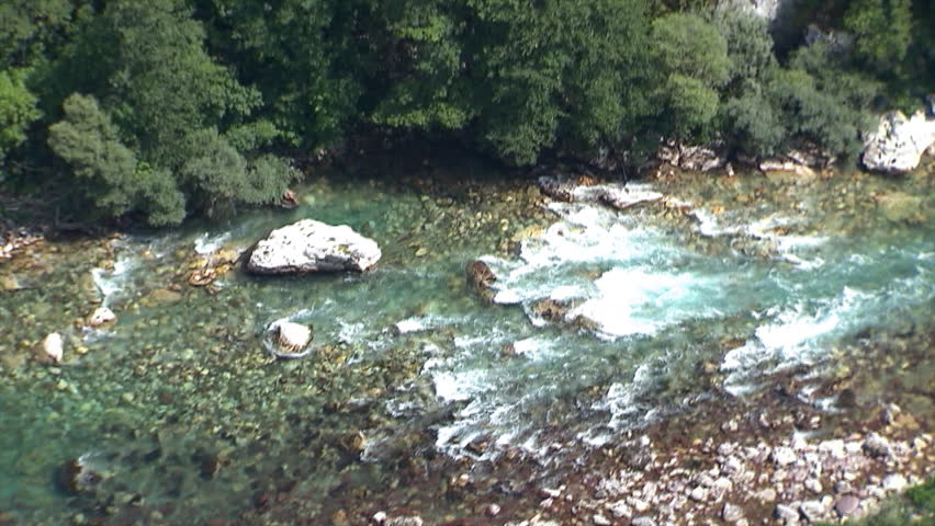 Flying over the river Drina, Bosnia Herzegovina. Aerial helicopter shot.