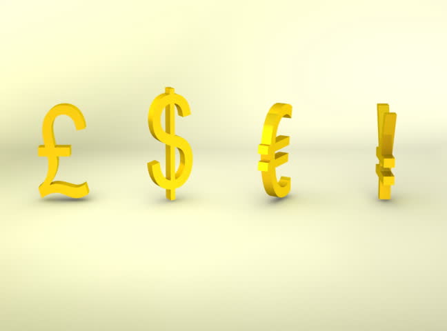 3D Rotating gold currency symbols, Pound, Dollar, Euro, Yen, loopable - NTSC