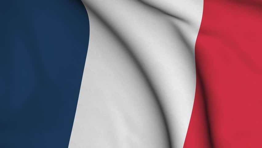 Seamless looping high definition video closeup of the French flag with accurate design and colors and a detailed fabric texture.