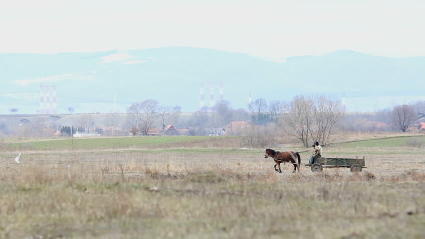 Peasants with cart with one horse moving on meadow near village