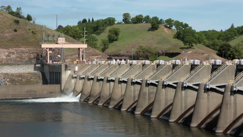 Nimbus Dam spillway Sacramento California. Hydroelectric dam on American River near Folsom. Central Valley Project a federal water project provides irrigation and municipal water to Central Valley.