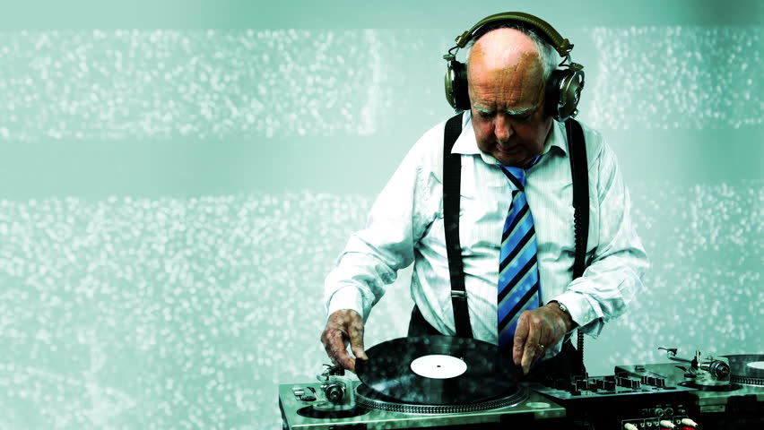 a very funky elderly grandpa dj mixing records
