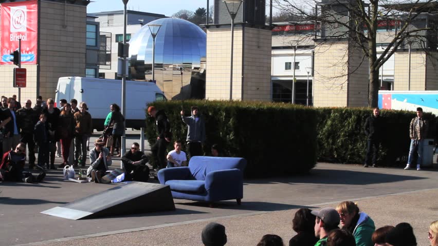 BRISTOL - April 6: Street Skateboarding Competition - Painful Looking Bail over Couch on April 6, 2013 in Bristol, England.