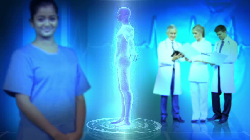 Multi ethnic medical professionals with CG Digital 3D figure rotating three dimensional male