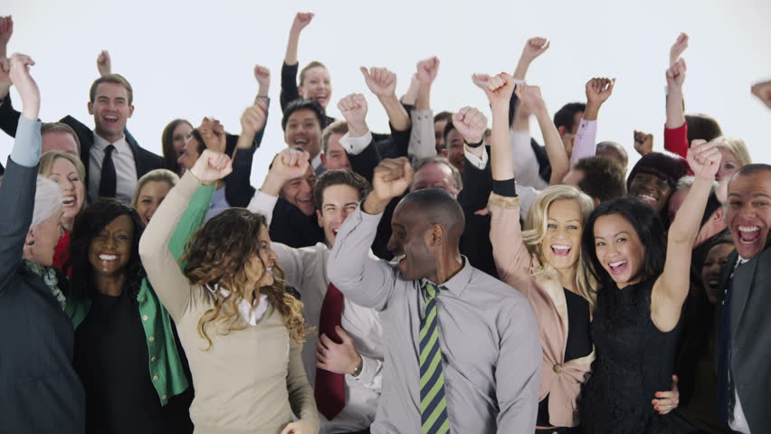 Portrait of a large group of happy and diverse business people who are standing together, isolated on white. They jump in the air and cheer to celebrate their business success. In slow motion.