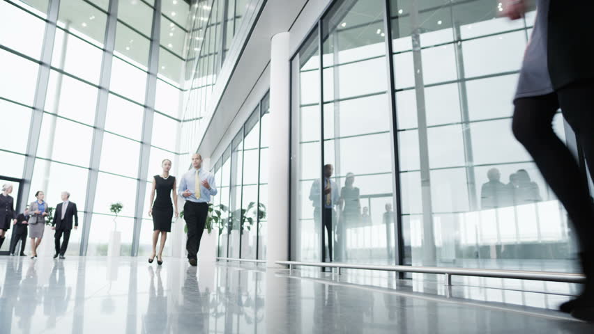 Diverse team of business people chat together as they walk around their light and modern office building. 