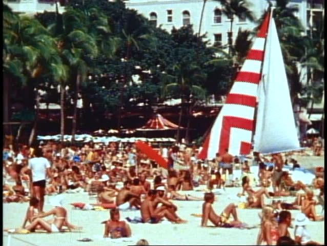 Waikiki, beach, busy, lots of people, medium shot