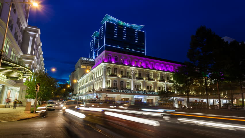 HO CHI MINH CITY - MAY 10: Night time lapse of traffic in front of the Continental Hotel in Ho Chi Minh City, Vietnam, on May 10, 2013