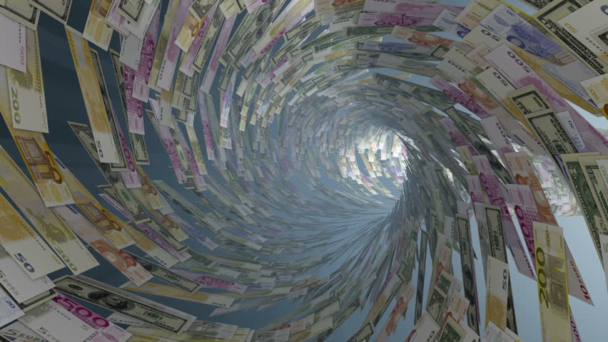 Various currencies tunnel fly through with light bloom