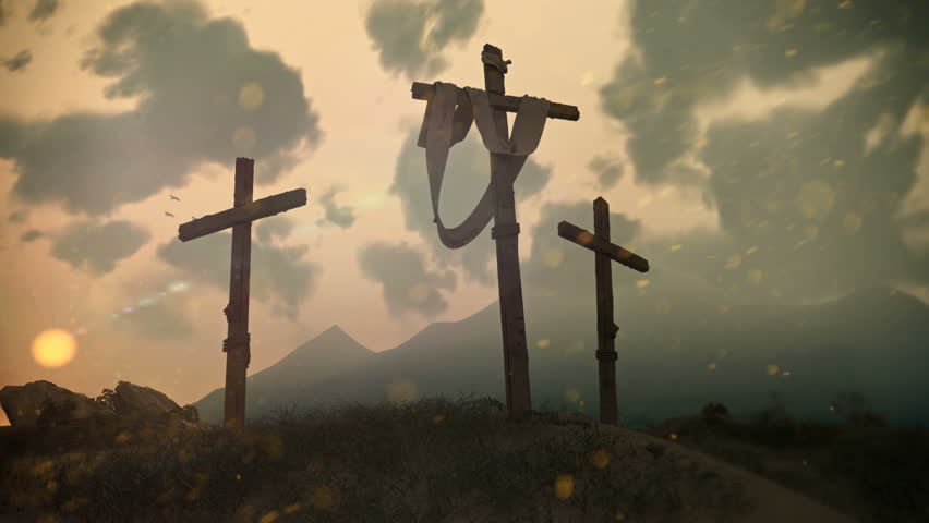 Hi res, photor-ealistic render of Jesus' cross on cavalry hill after the crucifixion. Three birds fly in the background