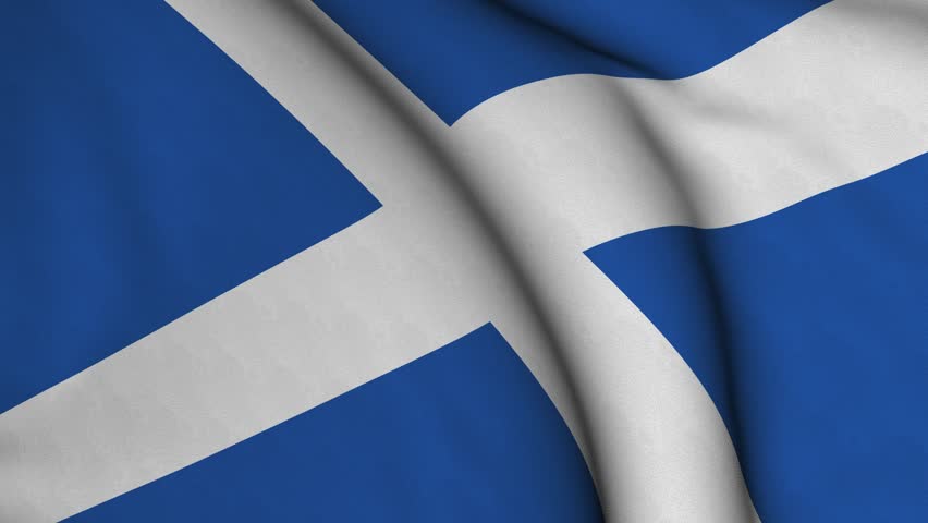 Seamless looping high definition video closeup of the Scottish flag with accurate design and colors and a detailed fabric texture.