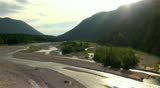 Aerial flight high over mountain river "Isar", Wallgau, Bavaria, Germany
