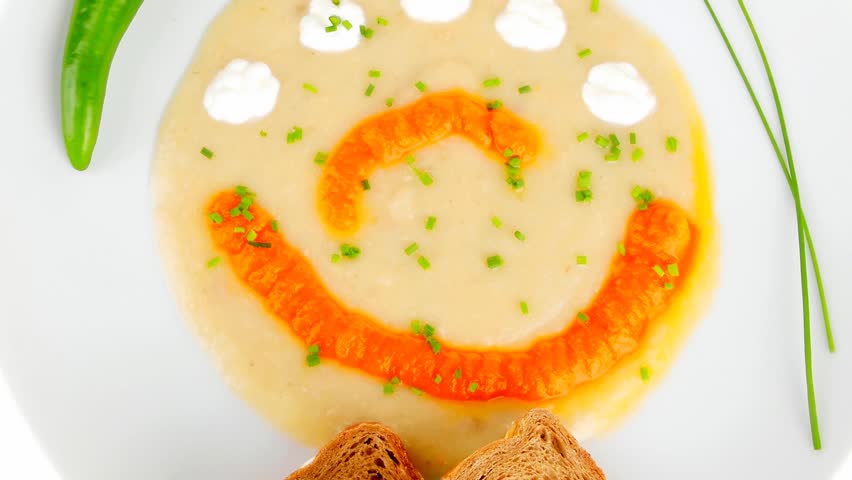 homemade cuisine : 1080p salmon vegetable soup with bread and chives 1920x1080 intro motion slow hidef hd