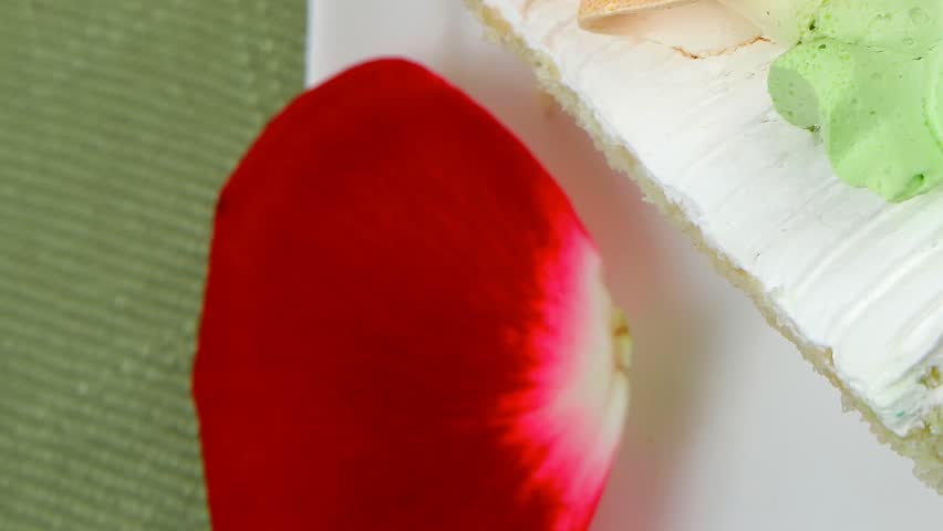 sweet food: tender cheese cream cake served dish with roses 1920x1080 intro motion slow hidef hd