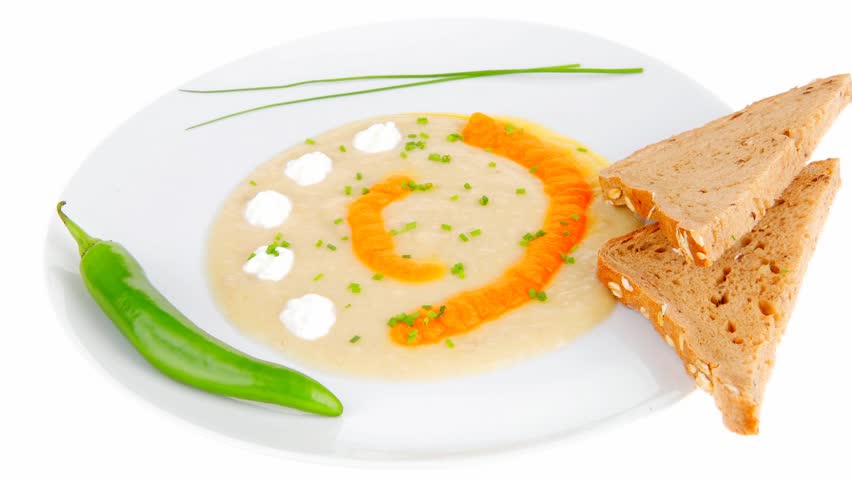 homemade cuisine : 1080p salmon vegetable soup served with bread and chives 1920x1080 intro motion slow hidef hd