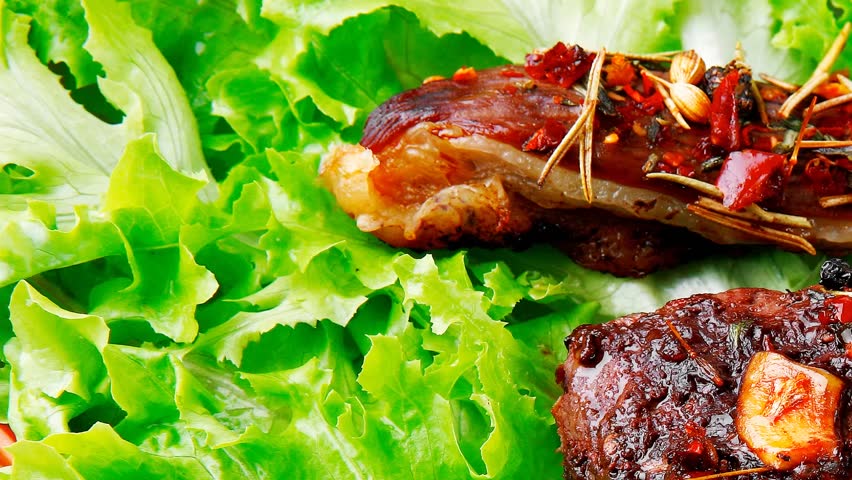 roast steak served on green salad on bowl 1920x1080 intro motion slow hidef hd