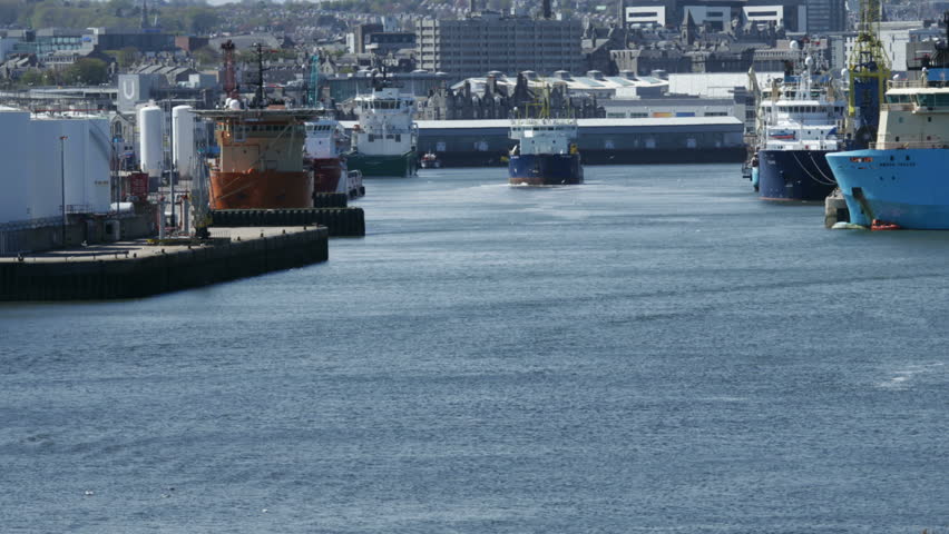 ABERDEEN, SCOTLAND - MAY16: Time lapse showing an oil support vessel docking at the harbour, May 16 2013. Aberdeen Harbour provides support facilities for the offshore oil industry in the North Sea.