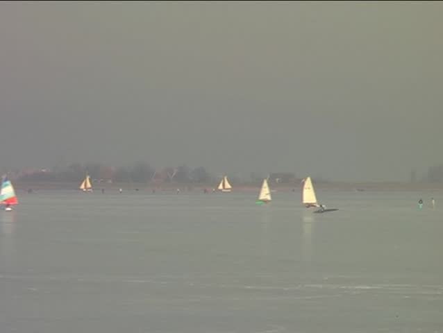 Ice sailing on the Gouwzee in the Netherlands in wintertime