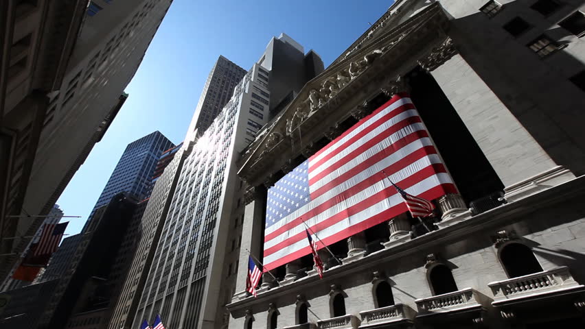 Pan over stock exchange building exterior, financial district Manhattan, New York City / HD1080 / 29.97fps