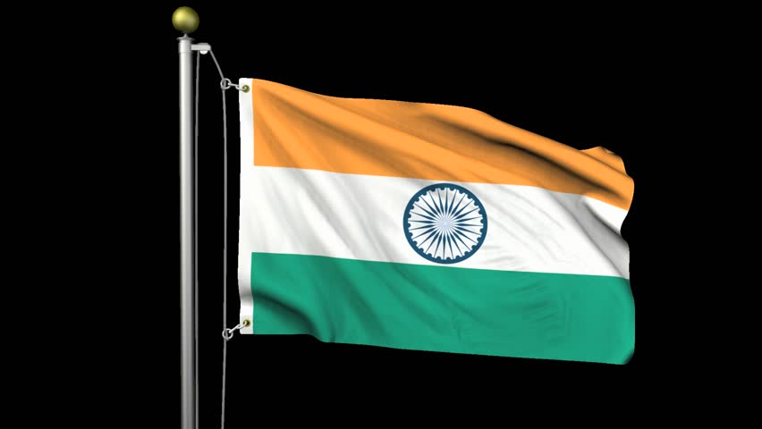 Seamless looping high definition video of the Indian flag waving on a flag pole with luma matte included.  Flag has an accurate design and a detailed fabric texture with partial transparency.   
