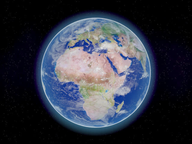 Photorealistic 3D rendering of planet earth viewed from space, 53 seconds spinning in a perfect loop.