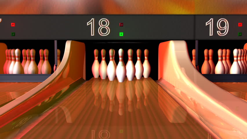 A seamlessly loopable 3D animation of a bowling alley, in close up. The ball makes a strike, then the sweep removes fallen pins. They are reset by the pinsetter and the process can repeat.