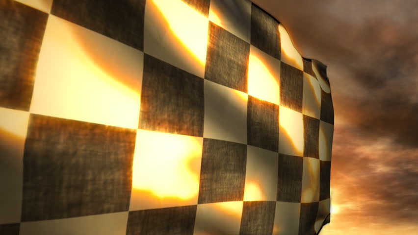(1115) Checkered Race Flag and Sunset Blowing in Wind. Great for racing themes and competition, leadership, success, achievement, adrenaline, motor sports ...