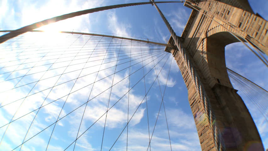 Fish-eye high-angle view of cables & supports of Brooklyn Bridge, New York City, USA