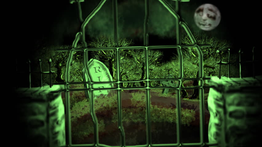 As we approach a scary looking graveyard the gate opens unaided. As we travel through the cemetery evil creatures jump out, including a ghost, zombie, werewolf, vampire and a witch.