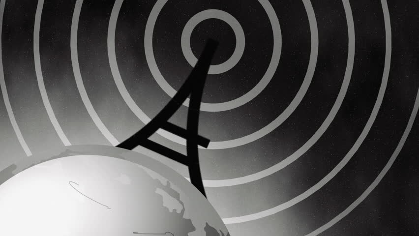 Black and white old fashioned representation of radio broadcasting its signal. 4K footage