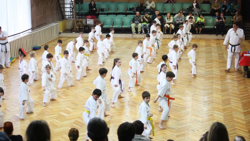 MOSCOW, RUSSIA - MAY 13, 2009: Kids on promotion examination of Goju-ryu Karate-Do. Russian Federation Goju-ryu Karate-Do - member of International Okinawan Goju Ryu Karate Federation (IOGKF) 