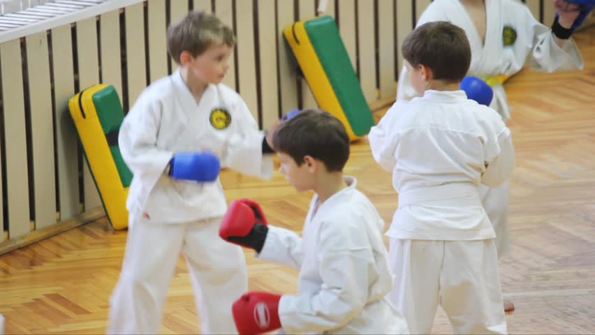 MOSCOW, RUSSIA - MAY 13: Kids are doing exercise on promotion examination in style of Goju-ryu Karate-Do. International Okinawan Goju Ryu Karate Federation (IOGKF) includes 47 countries worldwide. 