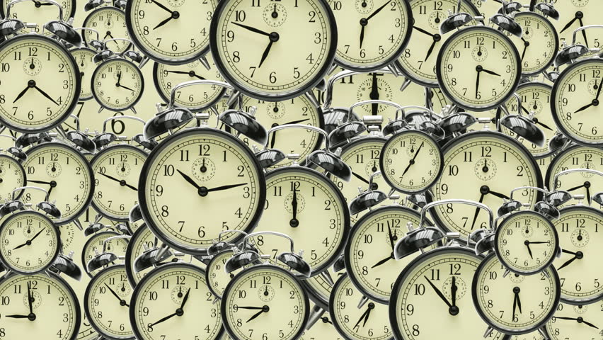 many old fashioned clocks running in time lapse in 3D space