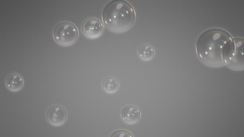 Looping animation of soap bubbles floating and moving up against a neutral grey background.