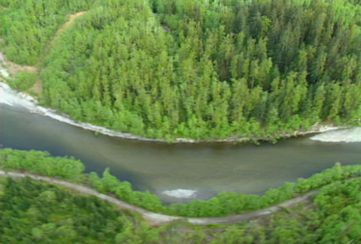 Aerial view of serpentine river at Rivers Inlet, British Columbia.