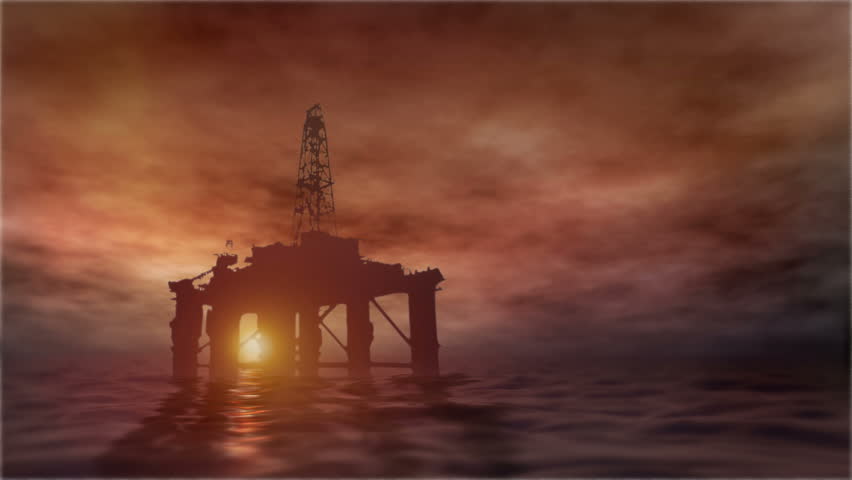 Oil rig at sea with the setting sun behind. The end of oil? Digitally generated, seamlessly loopable HD 1080p
