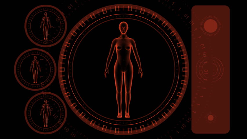 Woman Scan Screen - Hi-tech 09 (HD) - 3D animation. Medical, scientific, sci-fi, crime or hi-tech background. Screen with spinning woman body and rings. Alpha included. Loop.
