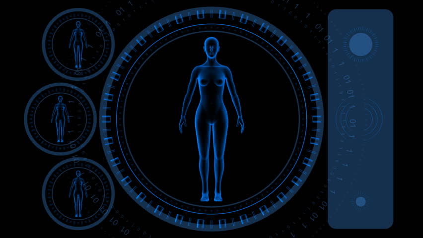 Woman Scan Screen - Hi-tech 12 (HD) - 3D animation. Medical, scientific, sci-fi, crime or hi-tech background. Screen with spinning woman body and rings. Alpha included. Loop.