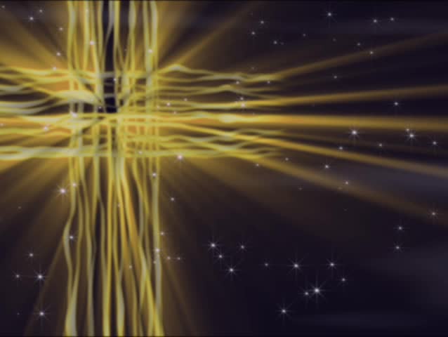 Seamless Loop-golden-yellow cross of slowly flowing and glowing lines with light rays and particle emanating forth.