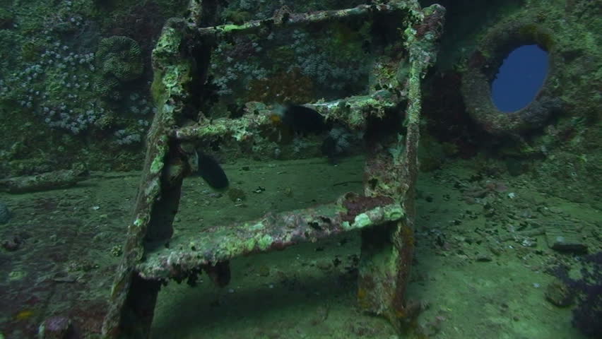 Rising up the ladders to the bow on the stern side of the shipwreck the SS Thistlegorm. Red Sea, Egypt.