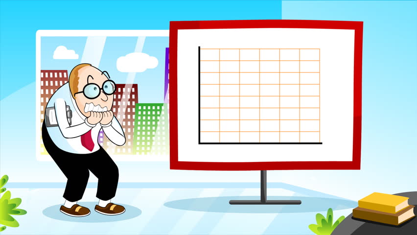 Business failure 2. Businessman stressed-out by the downfall of his business. The chart falls off after the graphic hits the floor. HD