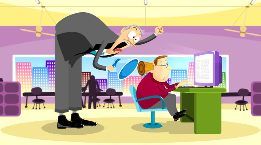 An employee being yelled at by the boss and ignoring him by putting a cork in his ear. The boss jumps up and down causing a big shake like an earthquake. NTSC Loopable
