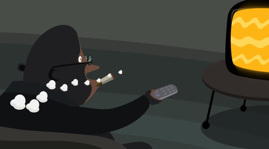 A father smoke cigarette in the living room, the smoke transforms into monster and haunts the sleeping baby. With cut-to-cut editing showing the closeup of the father and the baby. NTSC