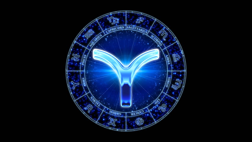 Aries zodiacal symbol on constantly zooming starry background. Loop-able. Has mask.