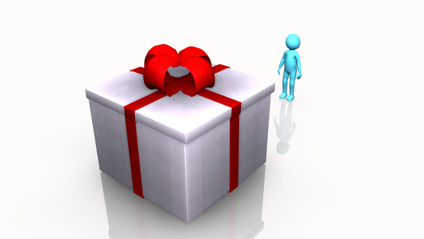 Curious 3D man opening a gift box against a white background 